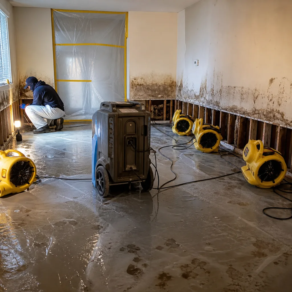 Professional water damage restoration team drying a residential room.