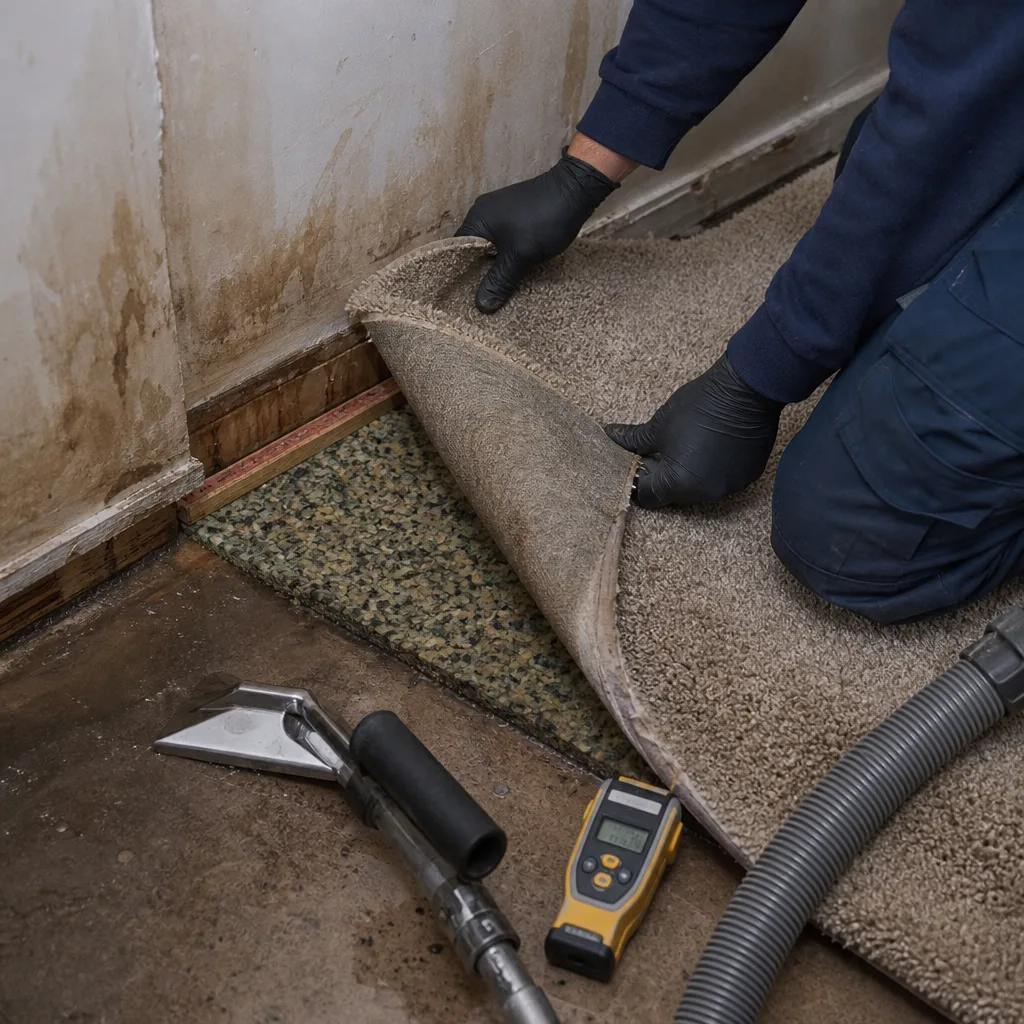 Water damage restoration professional inspecting wet carpet and flooring with tools